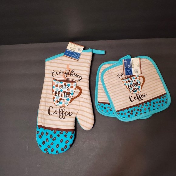 Coffee decor Oven Mitt Potholders, Turquoise, Everything Gets Better with Coffee - Picture 1 of 6